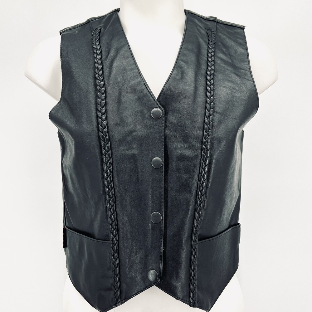 Hot Leathers Women Black Leather Vest XS Embroidery Butterfly Snap Button NWOT
